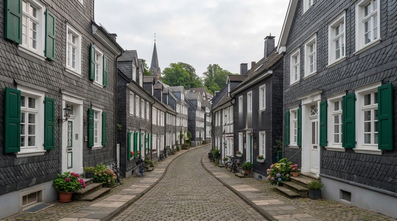 Bergische Gasse mit Schieferhäusern, weißen Sprossenfenstern und grünen Fensterläden